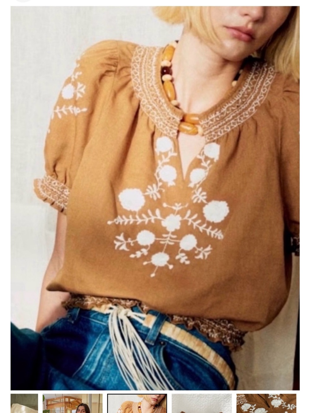 Sezane Tan Embroidered Puff Sleeve Peasant Top